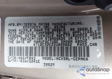 2002 Toyota Camry Le from USA, damaged, VIN 4T1BE32K22U088082